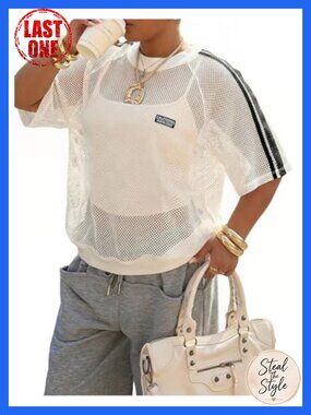 Plus Size Mesh Sequin Sparkly Short Sleeve Concert Top Going Out